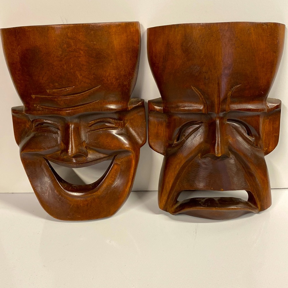 Vintage Wood Carved Happy / Sad Face Set